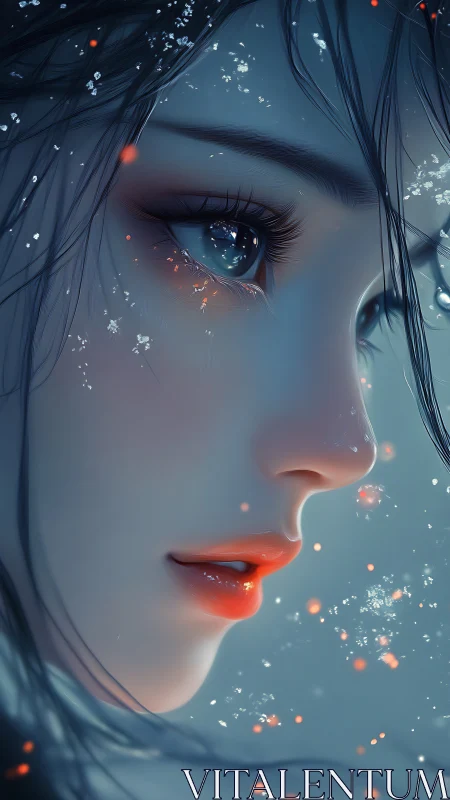 Ethereal female profile amid icy bokeh and ember glow.