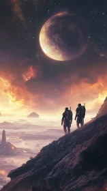 Two suited figures on rocky slope under large distant planet.