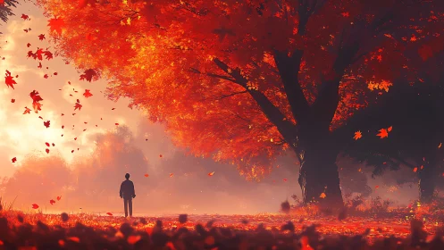 Crimson leaves whisper as a lone wanderer listens in silence