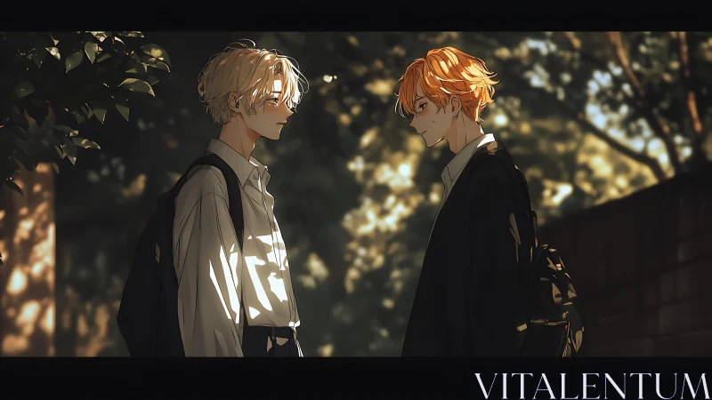 Sunlit anime schoolboys facing each other in quiet street.