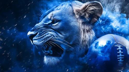 Blue-toned lion profile with stylized American football.