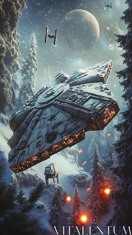 Snowbound star chase over a frosted pine canyon at dusk.