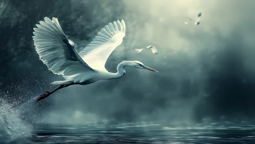 Elegant white heron takes flight over misty water, digital art style.