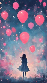 Silhouetted girl studies drifting pink balloons in twilight haze