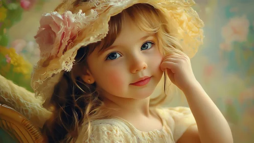 Young child in lace hat against soft floral background.