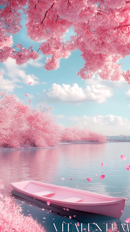 Pink rowboat on calm lake under dense cherry blossoms.