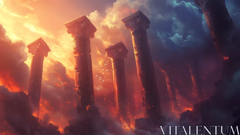 Sky-burned titan columns argue with storm-torn clouds