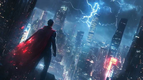 Caped vigilante surveys neon city under electrified storm