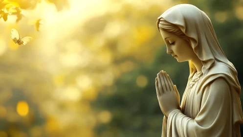 Serene statue of praying woman with butterfly nearby.