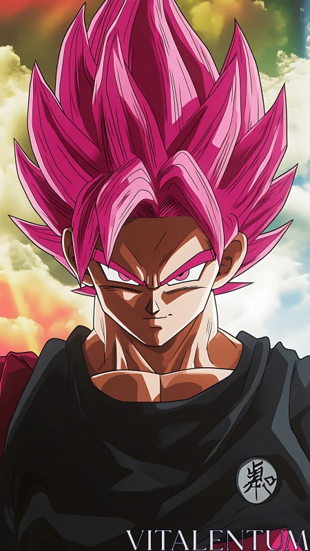 Pink haired anime fighter in black gi under vivid sky.