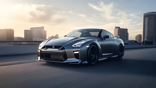 Sleek sports car powers along a city freeway at golden hour