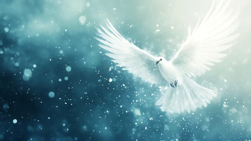 Majestic White Dove in Flight Amid Sparkling Blue Light Effect.