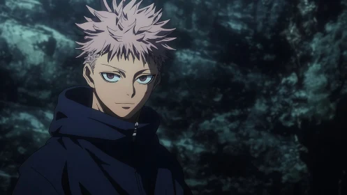 Storm-eyed anime youth broods against shadowed cavern dusk.