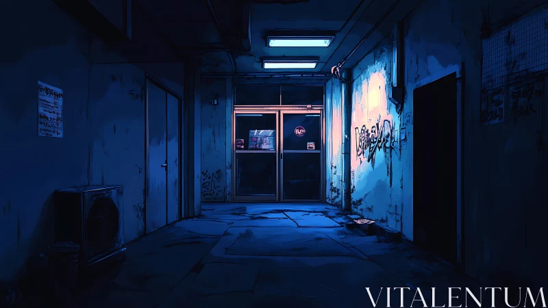 Neon alleyway corridor under cold blue night light.