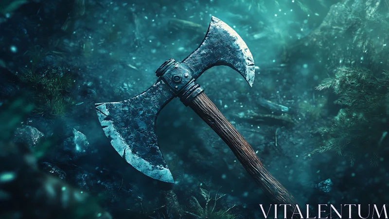Dual-bladed battle axe in atmospheric forest ground scene.