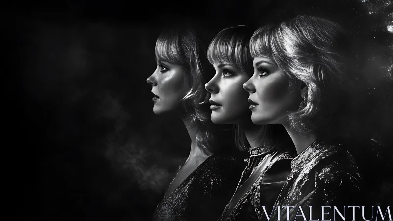 Three Women in Profile, Dramatic Black and White Portrait.