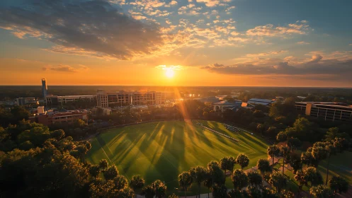 Aerial campus skyline under warm sunset with athletic field
