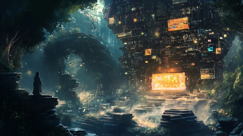 Solitary figure studies illuminated circuit fortress in forest