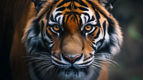 Focused tiger portrait with sharp eyes and detailed fur.