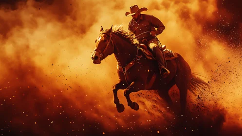 Cowboy on galloping horse in dense orange dust cloud.