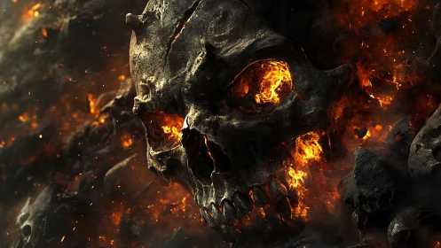 Molten infernal skull emerging from burning volcanic rock.