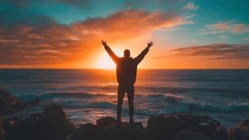 Silhouette on rocky shore facing sunset over calm ocean.