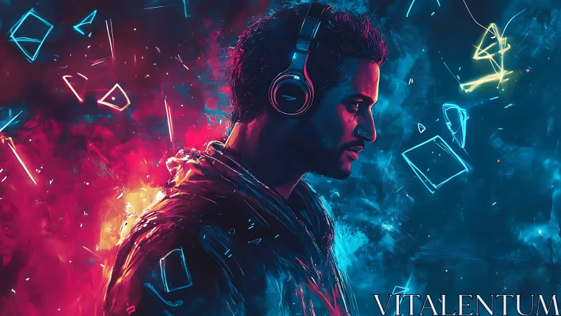 Neon-lit portrait of a headphone listener divides warm and cool light