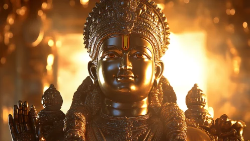 Golden Hindu deity statue with glowing temple backdrop.