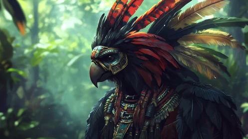 Majestic Tribal Bird Warrior in Lush Jungle, Digital Fantasy Art.