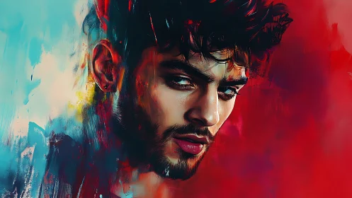 Brooding male portrait emerges from vivid red and cyan haze.