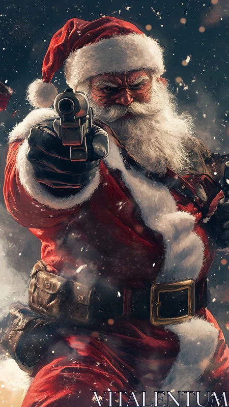Militarized Santa aims handgun amid swirling digital snowfield