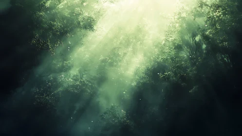 Digital forest canopy with volumetric light and misted depth.