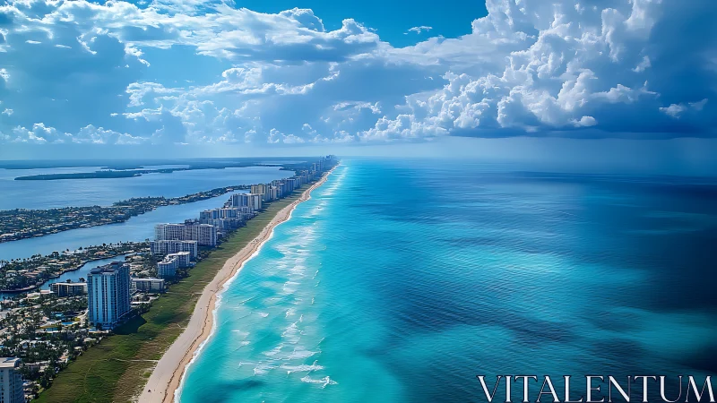High-rise shoreline dividing turquoise sea and bay panorama.