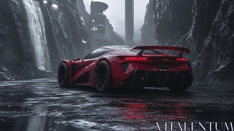 Futuristic red supercar on wet canyon road at dusk.