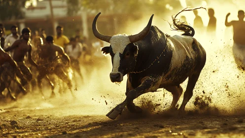 Powerful bull racing through golden dust and cheering crowd.