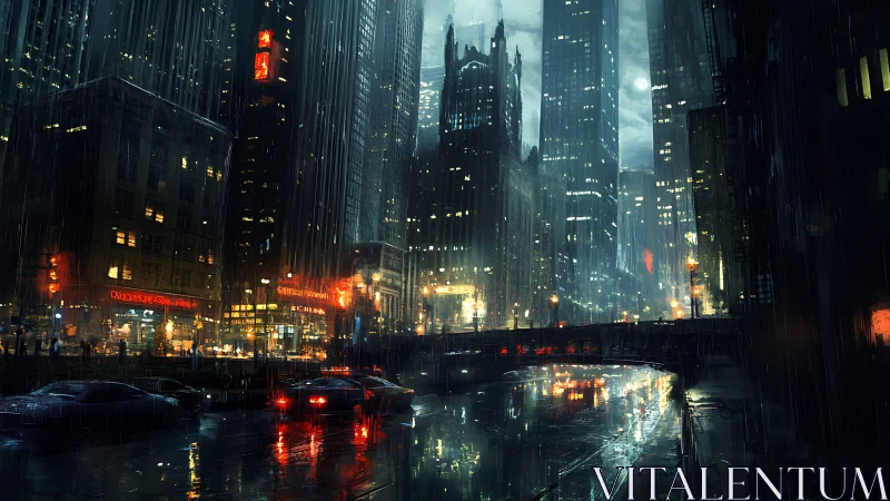 Rain soaked cyberpunk city with neon lights at night.