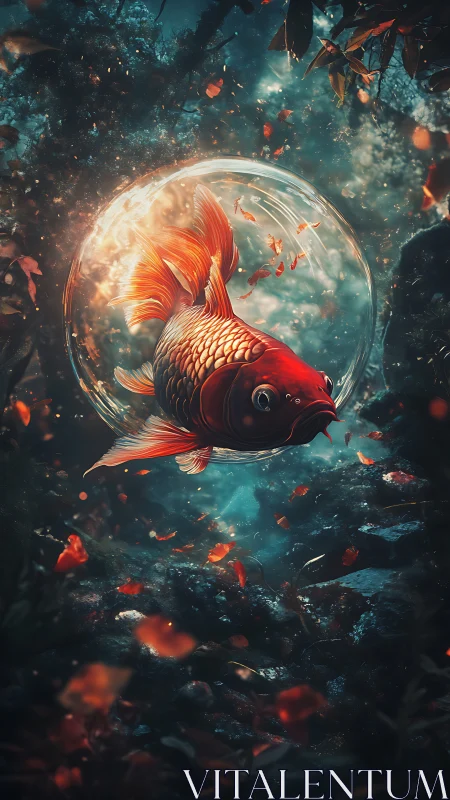 Majestic goldfish drifts through glowing underwater sphere.