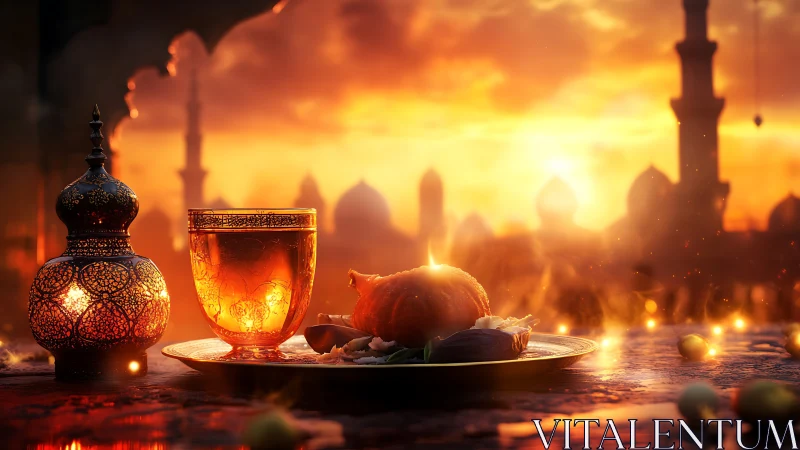 Golden tea glass and lantern at sunset in Middle Eastern city