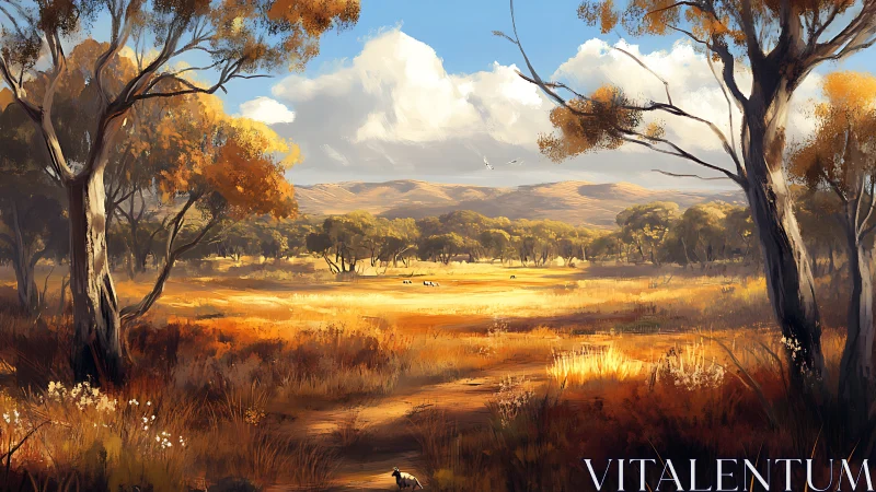 Sunlit eucalyptus savanna with distant rolling hills panorama.