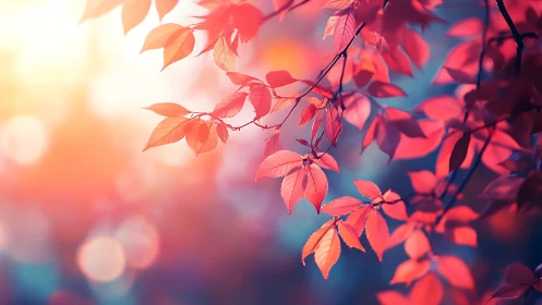 Scarlet autumn leaves glow softly in dreamy evening light