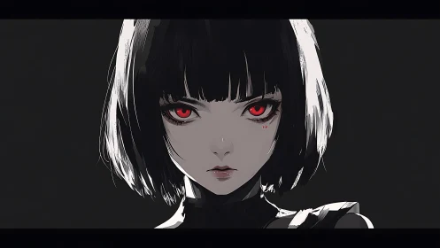 Dark haired anime girl with red eyes on black background.