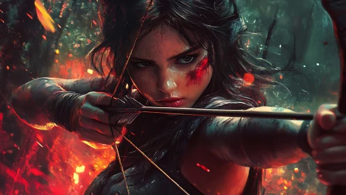 Fierce huntress draws her bow amid embers and jungle fire
