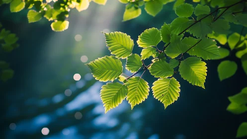 Sunlit Green Leaves Close-Up with Soft Bokeh Background.
