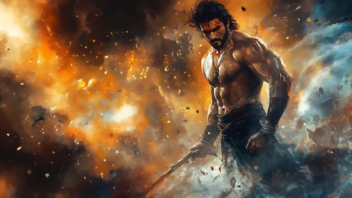 Stormforged warrior strides through shattering ember skies.