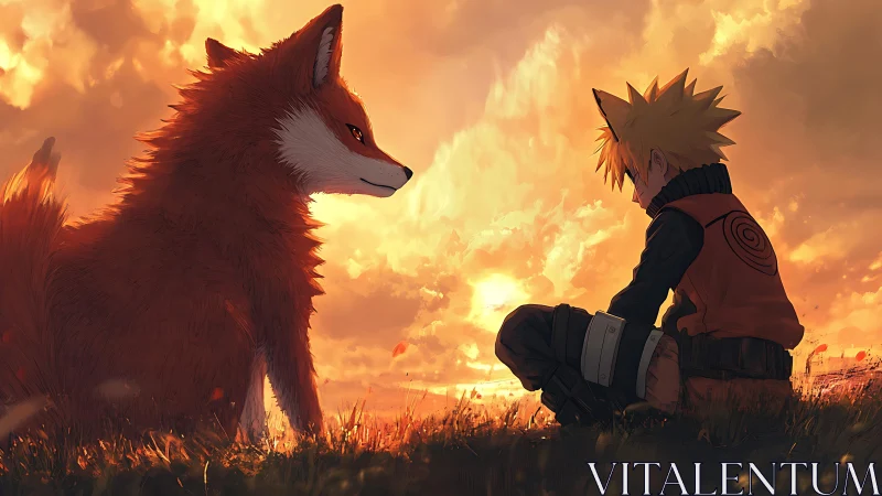 Boy and fox sit quietly under dramatic sunset sky.