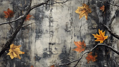 Autumn maple leaves drift across weathered, textured bark.