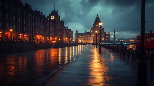 Moody waterfront promenade glows under stormy evening skies.