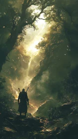 Lone sword warrior entering glowing forest ravine at dawn.