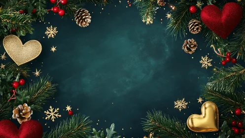 Christmas greenery frame with golden and red heart decor.