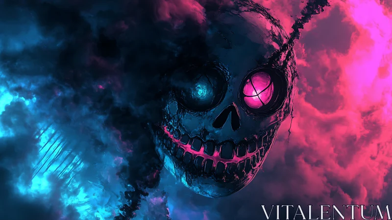 Glowing neon skull drifting through electric storm clouds.